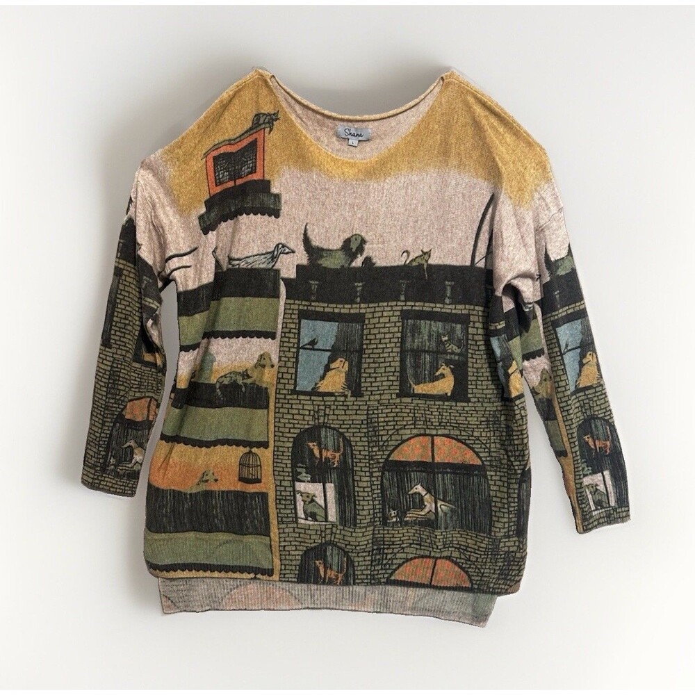 Shana Tunic Top Dog n Kitty Cat Sweater Knit Pullover Sz Large Effortless Chic